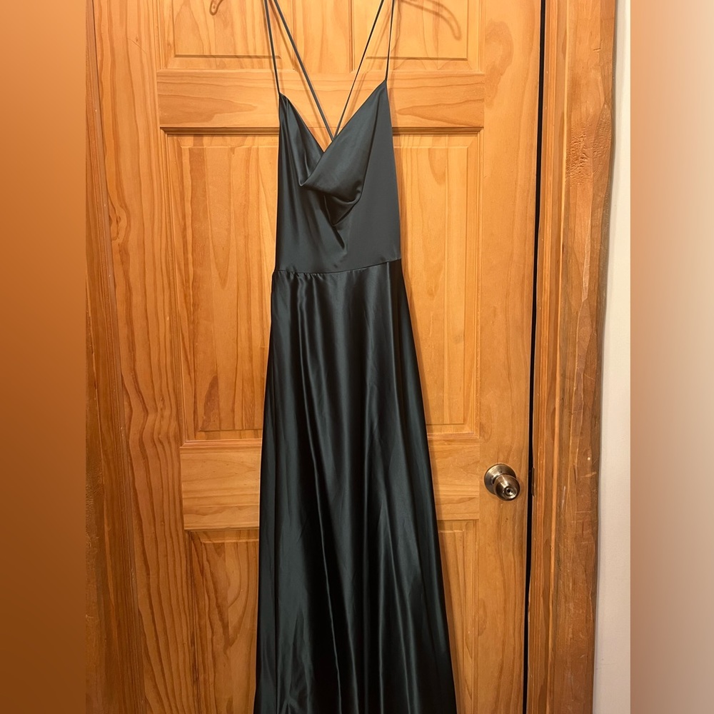 Hunter green satin prom dress